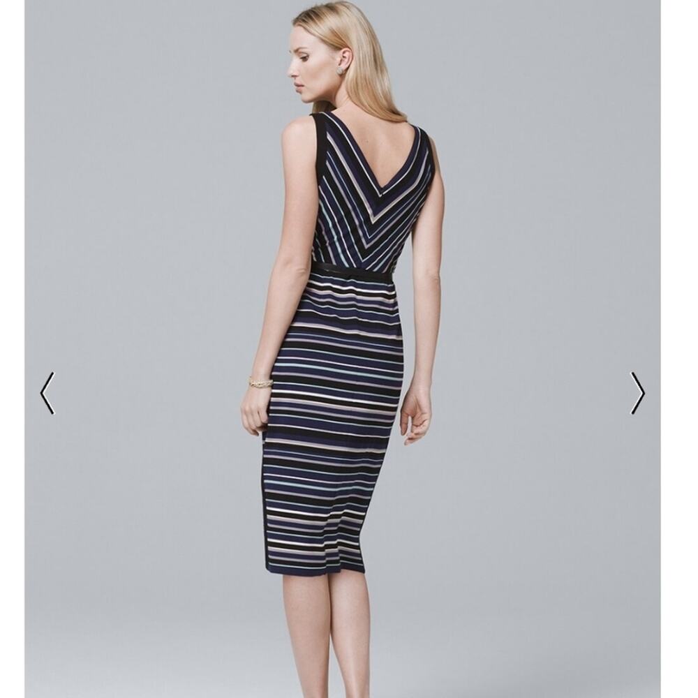 Sleeveless V-Neck Striped Pencil Dress - Black and White